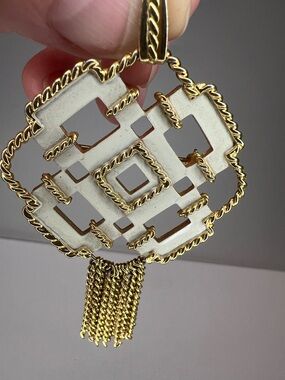 Vintage Avon Gold & White Geometric Pendant/Brooch with Chain Tassel